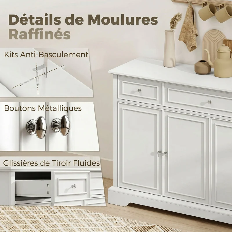 Buffet salon 136 x 38 x 80 cm 3 tiroirs 4 portes fermeture douce étagères réglables contemporain polyvalent en MDF blanc 21_0003666