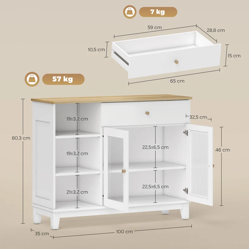 Buffet rangement salon salle à manger 100 x 35 x 80,3 cm tiroir vitrine contemporain épuré sécurisé utile en MDF blanc 21_0003525