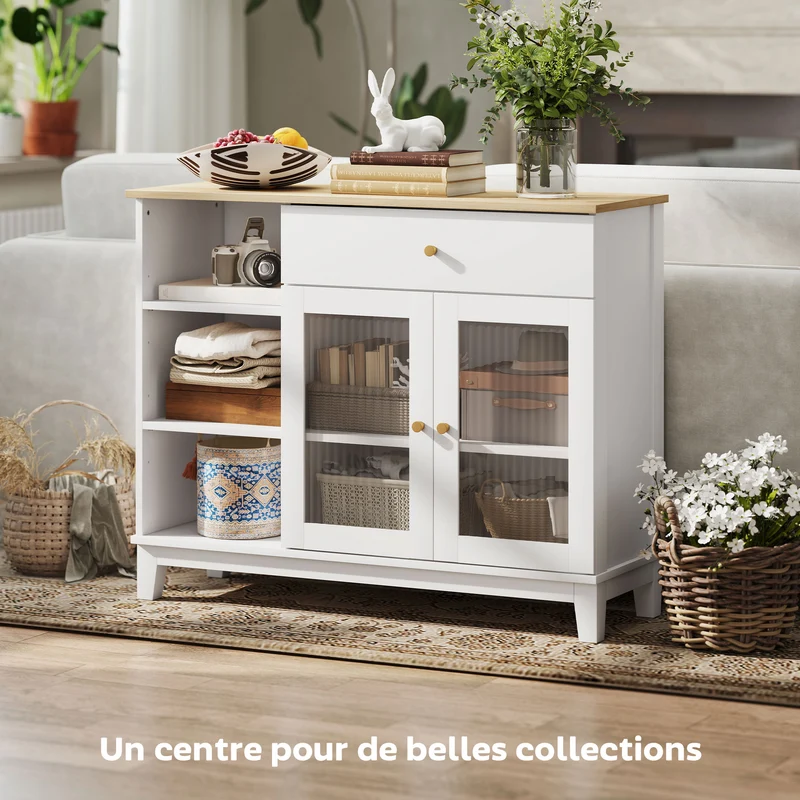 Buffet rangement salon salle à manger 100 x 35 x 80,3 cm tiroir vitrine contemporain épuré sécurisé utile en MDF blanc 21_0003525