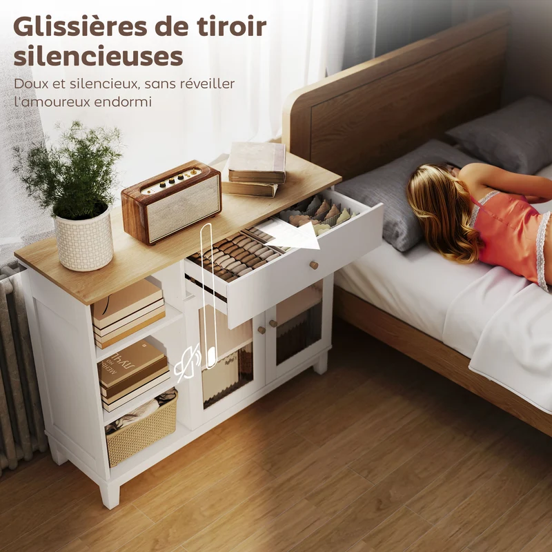 Buffet rangement salon salle à manger 100 x 35 x 80,3 cm tiroir vitrine contemporain épuré sécurisé utile en MDF blanc 21_0003525