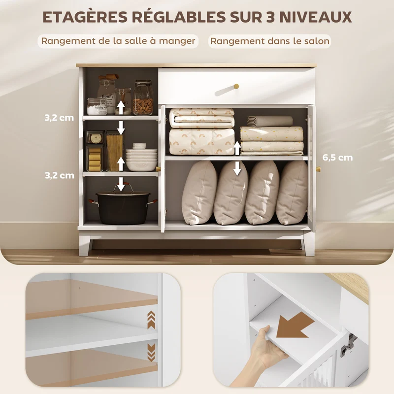 Buffet rangement salon salle à manger 100 x 35 x 80,3 cm tiroir vitrine contemporain épuré sécurisé utile en MDF blanc 21_0003525