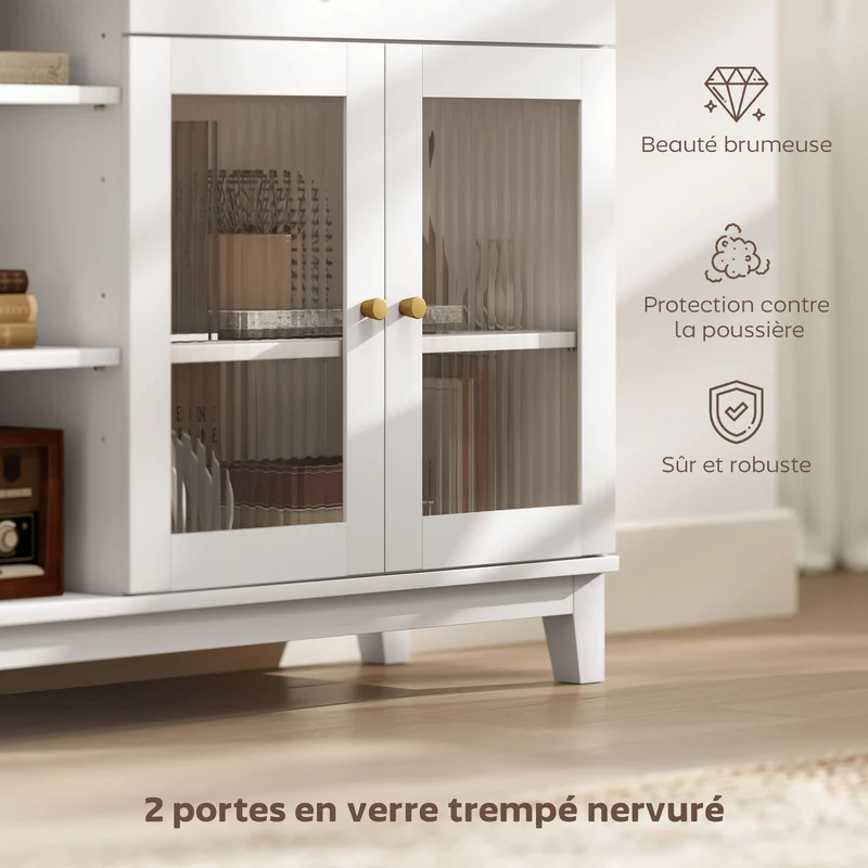 Buffet rangement salon salle à manger 100 x 35 x 80,3 cm tiroir vitrine contemporain épuré sécurisé utile en MDF blanc 21_0003525