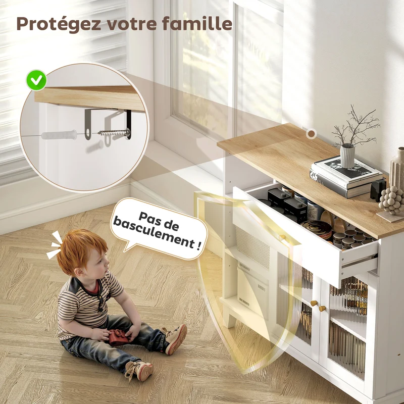 Buffet rangement salon salle à manger 100 x 35 x 80,3 cm tiroir vitrine contemporain épuré sécurisé utile en MDF blanc 21_0003525