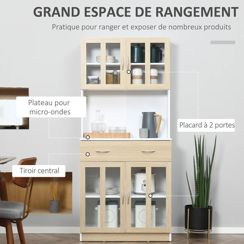 Buffet haut de cuisine 80 x 40 x 180 cm grand rangement tiroir coulissant contemporain en panneaux de particules blanc 21_0002256