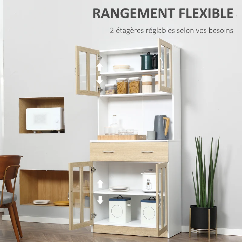 Buffet haut de cuisine 80 x 40 x 180 cm grand rangement tiroir coulissant contemporain en panneaux de particules blanc 21_0002256