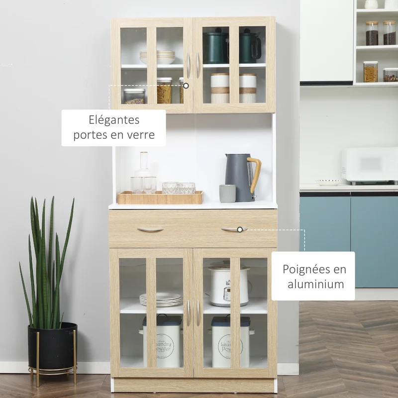 Buffet haut de cuisine 80 x 40 x 180 cm grand rangement tiroir coulissant contemporain en panneaux de particules blanc 21_0002256