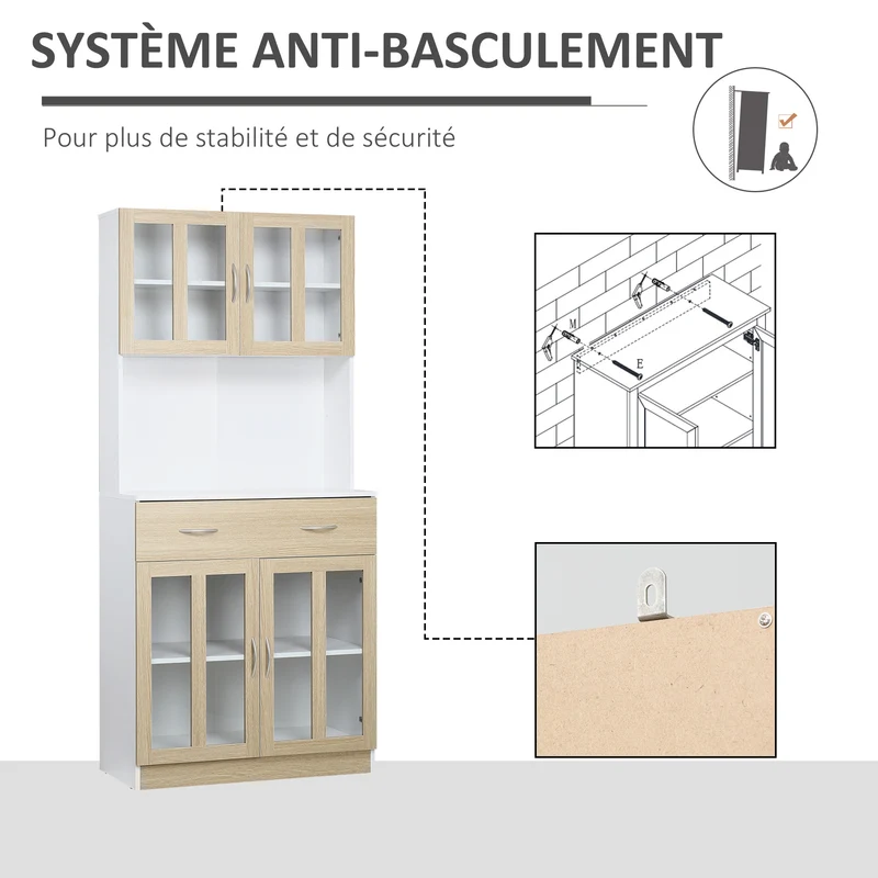Buffet haut de cuisine 80 x 40 x 180 cm grand rangement tiroir coulissant contemporain en panneaux de particules blanc 21_0002256