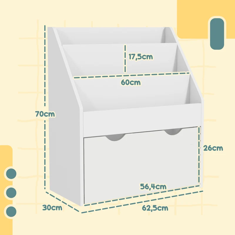 Bibliothèque pour enfants rangement 62.5 x 30 x 70 cm tiroir roulant étagères sécurisées style scandinave en MDF blanc 21_0000156