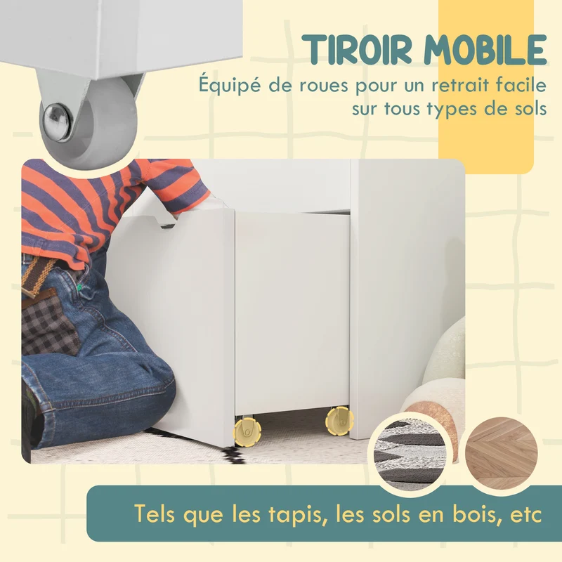 Bibliothèque pour enfants rangement 62.5 x 30 x 70 cm tiroir roulant étagères sécurisées style scandinave en MDF blanc 21_0000156