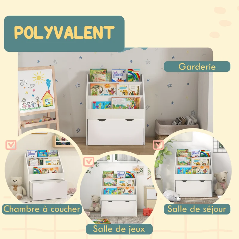 Bibliothèque pour enfants rangement 62.5 x 30 x 70 cm tiroir roulant étagères sécurisées style scandinave en MDF blanc 21_0000156