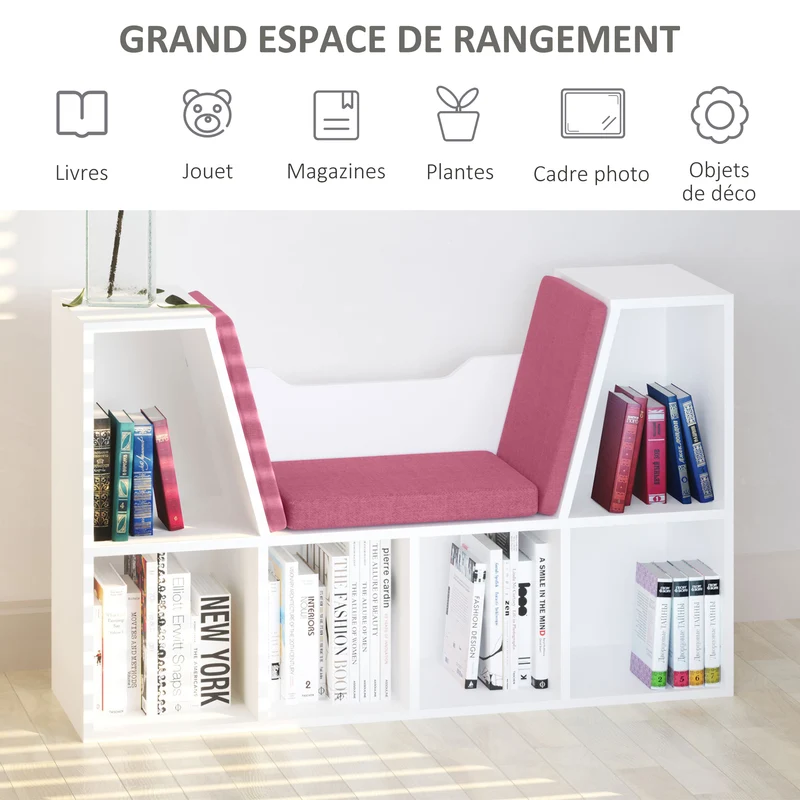 Bibliothèque banc 2 en 1 chambre 102 x 30 x 61 cm coin lecture gain de place moderne en panneaux de particules rose 21_0002413