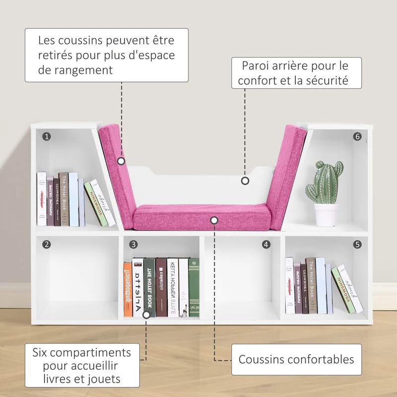 Bibliothèque banc 2 en 1 chambre 102 x 30 x 61 cm coin lecture gain de place moderne en panneaux de particules rose 21_0002413