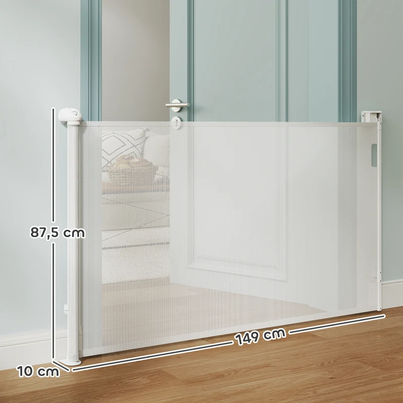 Barrière rétractable pour chien 149 x 10 x 88 cm verrouillage automatique sans seuil design épuré en plastique blanc 21_0007485