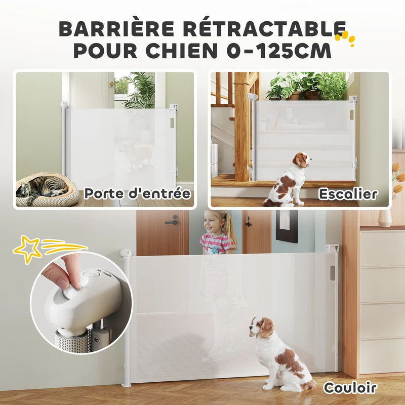 Barrière rétractable pour chien 149 x 10 x 88 cm verrouillage automatique sans seuil design épuré en plastique blanc 21_0007485