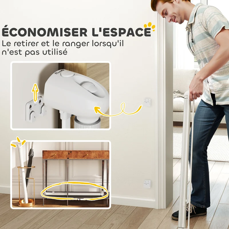 Barrière rétractable pour chien 149 x 10 x 88 cm verrouillage automatique sans seuil design épuré en plastique blanc 21_0007485