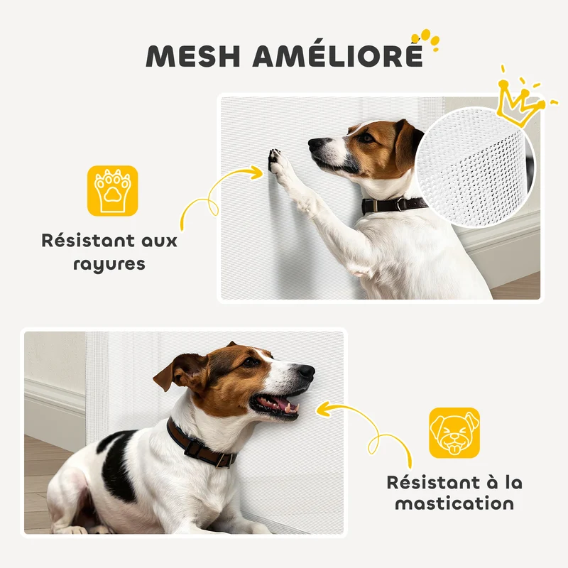 Barrière rétractable pour chien 149 x 10 x 88 cm verrouillage automatique sans seuil design épuré en plastique blanc 21_0007485