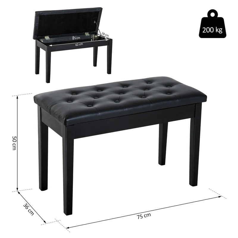 Banquette pour piano capitonnée 76 x 36 x 50 cm coffre de rangement intégré assise confortable classique chic en PU noir 21_0000097