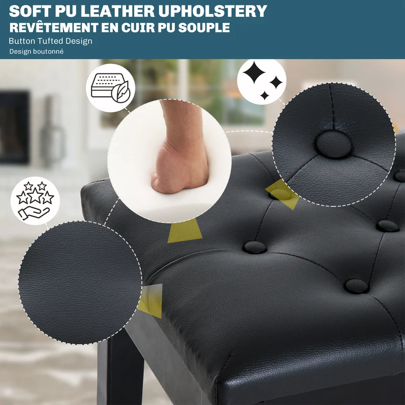 Banquette pour piano capitonnée 76 x 36 x 50 cm coffre de rangement intégré assise confortable classique chic en PU noir 21_0000097