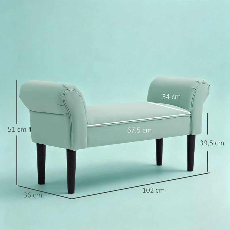 Banc bout de lit rembourré entrée 102 x 36 x 51 cm assise confortable accoudoirs courbés contemporain en tissu vert 21_0001406