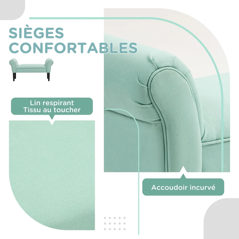 Banc bout de lit rembourré entrée 102 x 36 x 51 cm assise confortable accoudoirs courbés contemporain en tissu vert 21_0001406