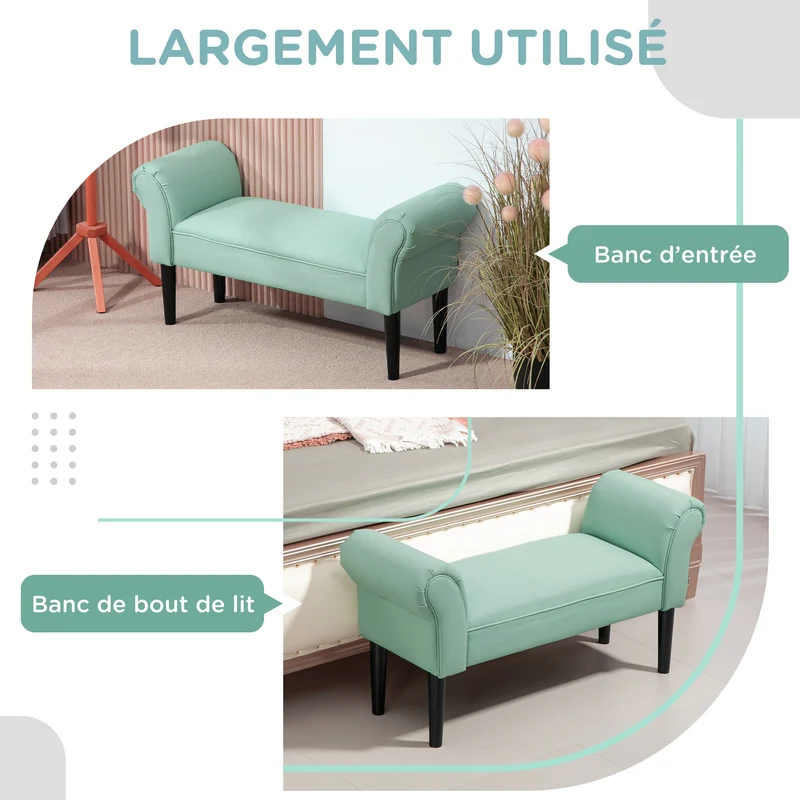 Banc bout de lit rembourré entrée 102 x 36 x 51 cm assise confortable accoudoirs courbés contemporain en tissu vert 21_0001406