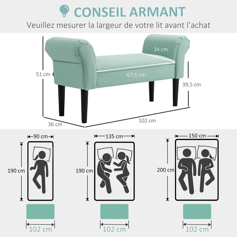 Banc bout de lit rembourré entrée 102 x 36 x 51 cm assise confortable accoudoirs courbés contemporain en tissu vert 21_0001406