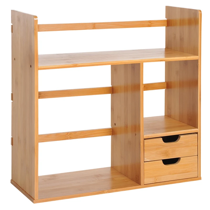 Étagère organiseur bureau multifonction 48 x 20 x 46 cm capacité 3 étagères 2 tiroirs style scandinave en bambou naturel 21_0006126