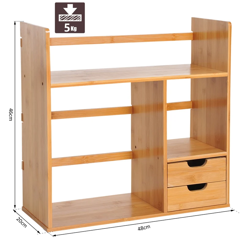 Étagère organiseur bureau multifonction 48 x 20 x 46 cm capacité 3 étagères 2 tiroirs style scandinave en bambou naturel 21_0006126