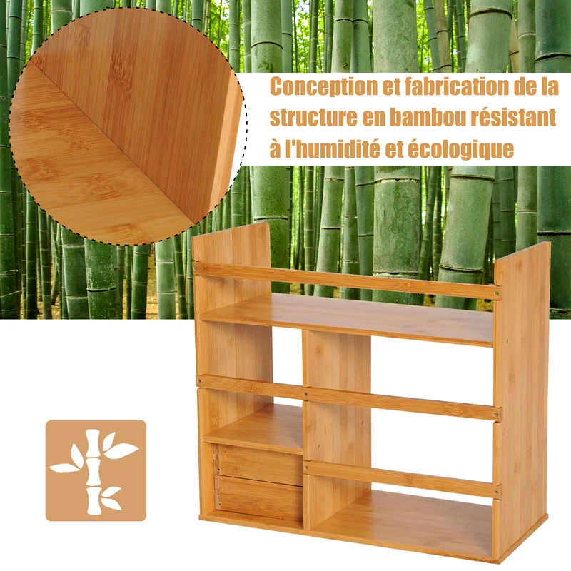Étagère organiseur bureau multifonction 48 x 20 x 46 cm capacité 3 étagères 2 tiroirs style scandinave en bambou naturel 21_0006126