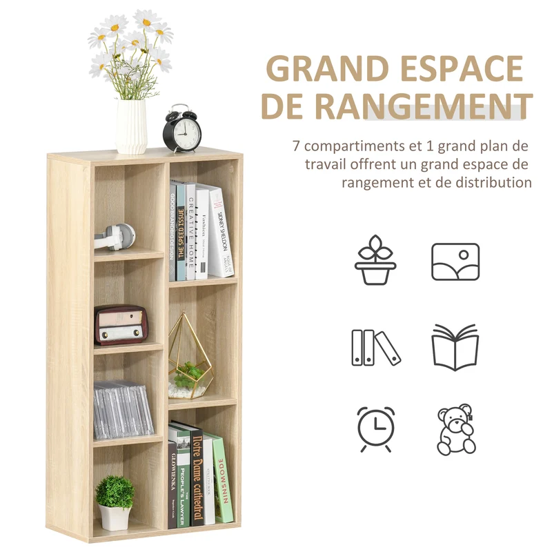 Étagère 7 cubes 50 x 24 x 106 cm rangement sécurisé fixation murale scandinave en panneau de particules bois naturel 21_0002467