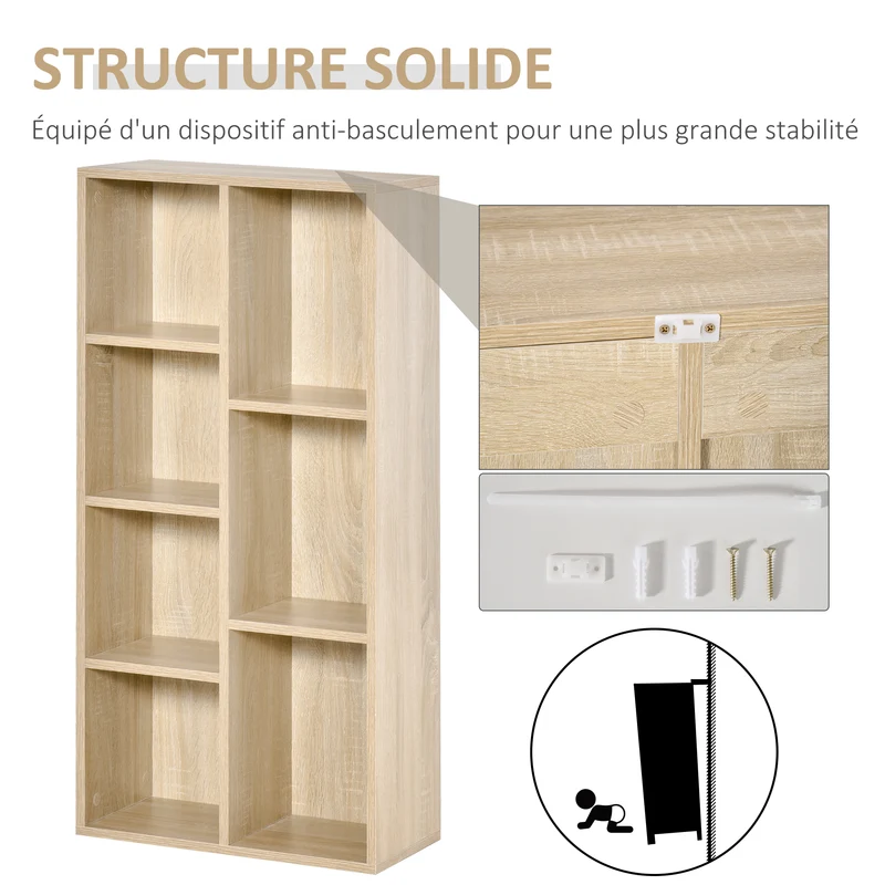 Étagère 7 cubes 50 x 24 x 106 cm rangement sécurisé fixation murale scandinave en panneau de particules bois naturel 21_0002467