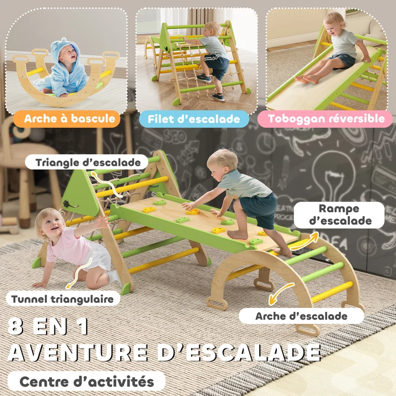 Triangle d'escalade enfant pliable 191.5 x 74.5 x 63 cm anti bascule rampe toboggan scandinave en contreplaqué vert 21_0000318