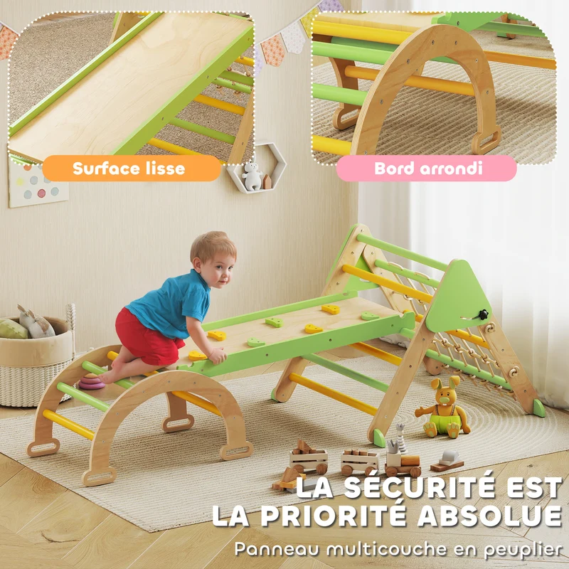 Triangle d'escalade enfant pliable 191.5 x 74.5 x 63 cm anti bascule rampe toboggan scandinave en contreplaqué vert 21_0000318