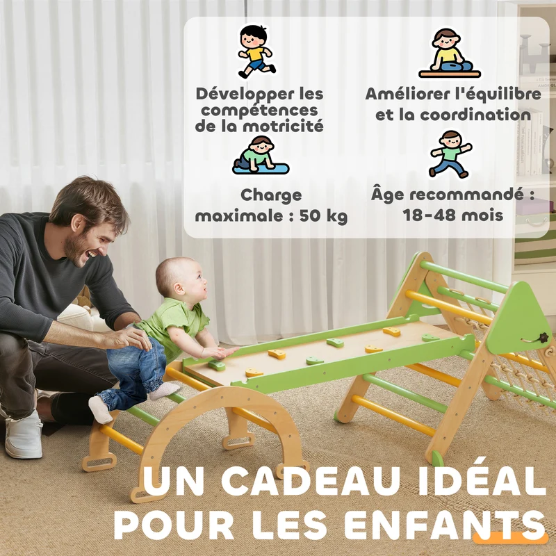 Triangle d'escalade enfant pliable 191.5 x 74.5 x 63 cm anti bascule rampe toboggan scandinave en contreplaqué vert 21_0000318