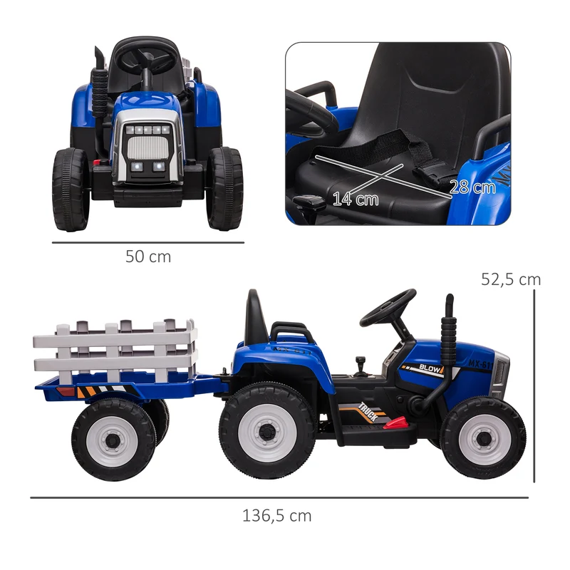 Tracteur électrique enfant avec remorque amovible 136,5 x 50 x 52,5 cm télécommande sécurité moderne jardin en PP bleu 21_0000544