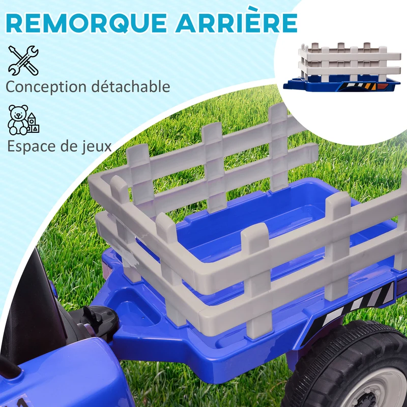 Tracteur électrique enfant avec remorque amovible 136,5 x 50 x 52,5 cm télécommande sécurité moderne jardin en PP bleu 21_0000544