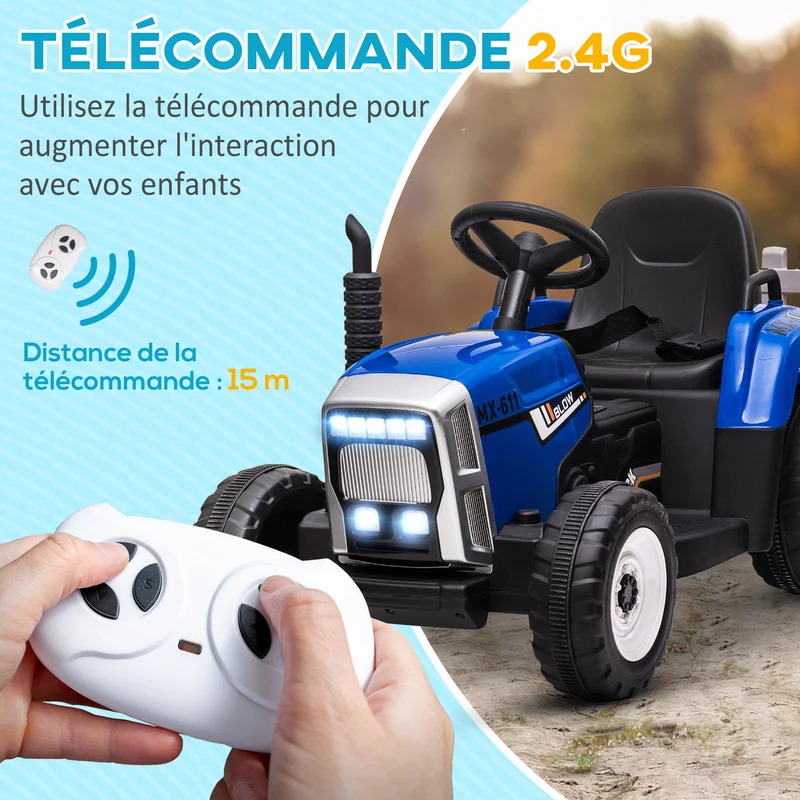 Tracteur électrique enfant avec remorque amovible 136,5 x 50 x 52,5 cm télécommande sécurité moderne jardin en PP bleu 21_0000544