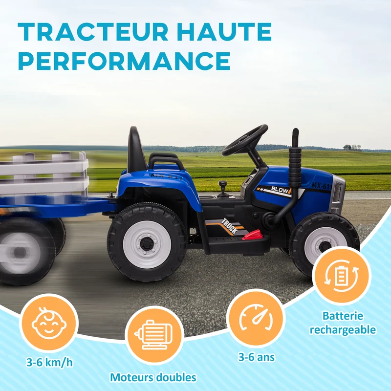 Tracteur électrique enfant avec remorque amovible 136,5 x 50 x 52,5 cm télécommande sécurité moderne jardin en PP bleu 21_0000544