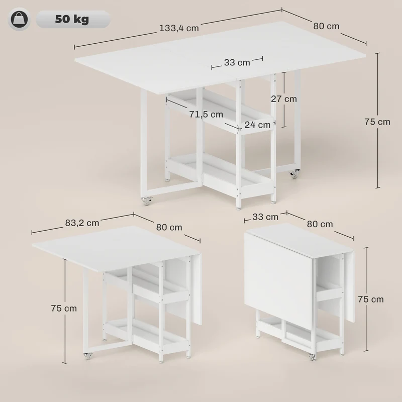 Table à manger pliante sur roulettes 133,4 x 80 x 75 cm 4 personnes gain de place moderne en panneau de particules blanc 21_0003319