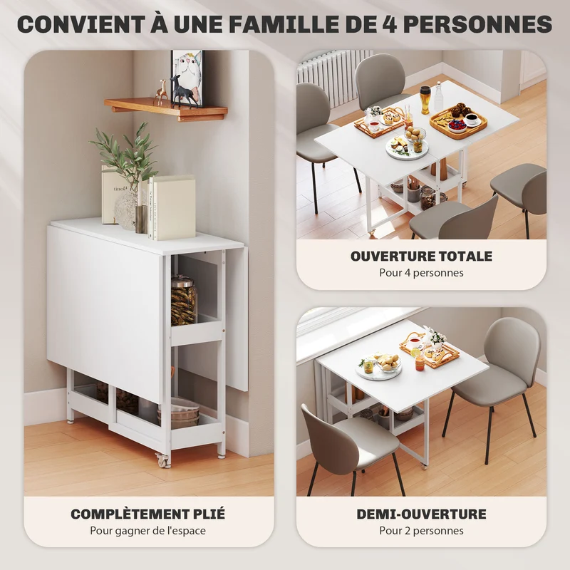 Table à manger pliante sur roulettes 133,4 x 80 x 75 cm 4 personnes gain de place moderne en panneau de particules blanc 21_0003319