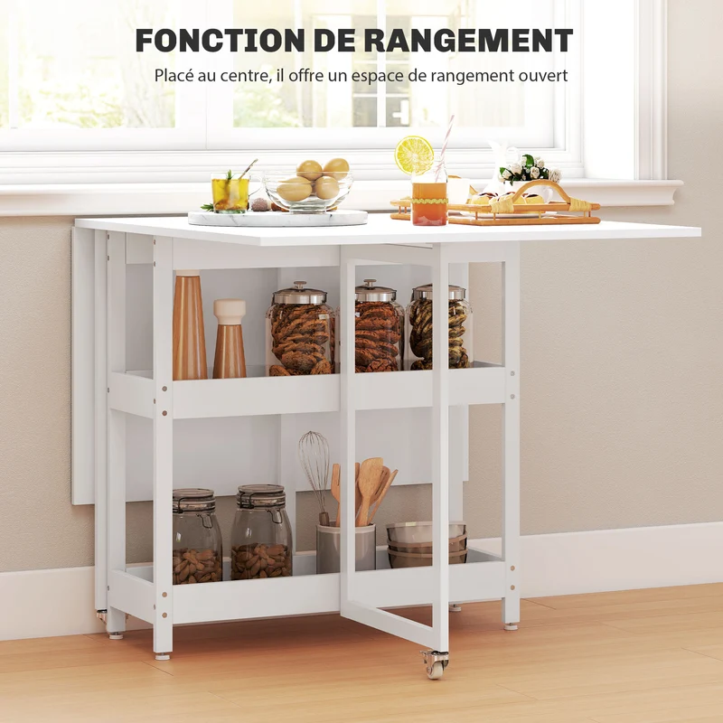 Table à manger pliante sur roulettes 133,4 x 80 x 75 cm 4 personnes gain de place moderne en panneau de particules blanc 21_0003319