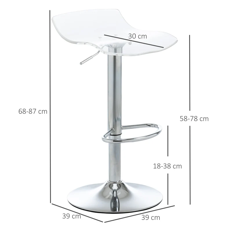 Lot de 2 tabourets de bar 39 x 39 x 67-87 cm hauteur réglable et pivotants design contemporain en acrylique transparent 21_0002273