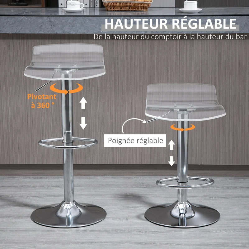 Lot de 2 tabourets de bar 39 x 39 x 67-87 cm hauteur réglable et pivotants design contemporain en acrylique transparent 21_0002273