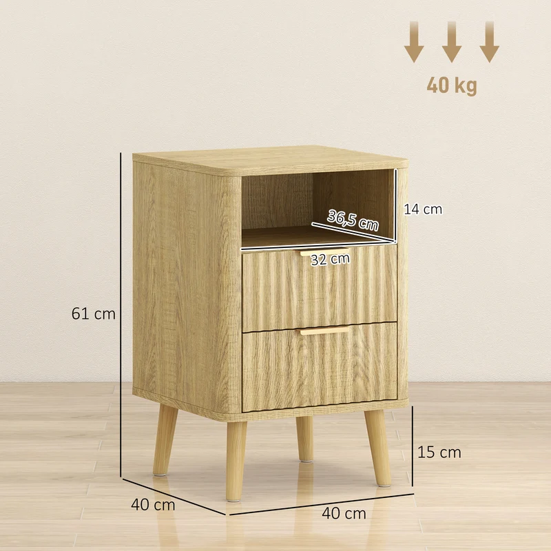 Lot de 2 tables de chevet 40 x 40 x 61 cm rangement organisé 2 tiroirs étagère ouverte style moderne épuré en MDF chêne 21_0003784