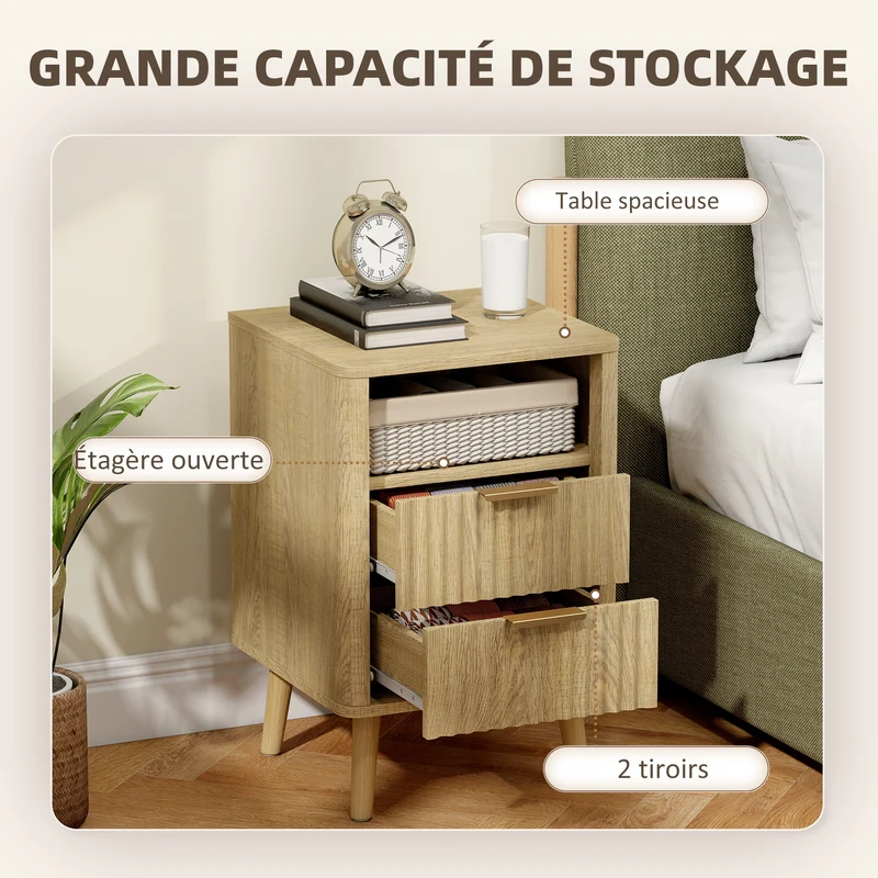 Lot de 2 tables de chevet 40 x 40 x 61 cm rangement organisé 2 tiroirs étagère ouverte style moderne épuré en MDF chêne 21_0003784