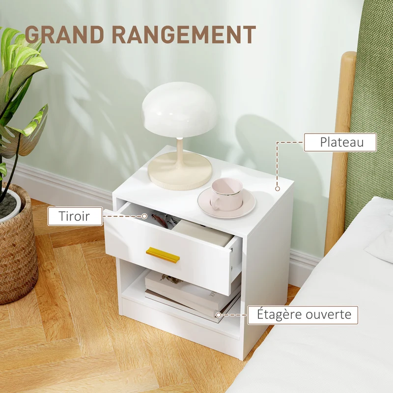 Lot de 2 tables de chevet 39 x 28 x 41 cm rangement tiroir et étagère moderne élégant en panneau de particules blanc 21_0001658
