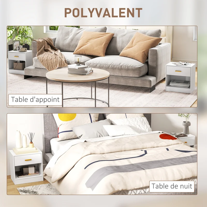 Lot de 2 tables de chevet 39 x 28 x 41 cm rangement tiroir et étagère moderne élégant en panneau de particules blanc 21_0001658