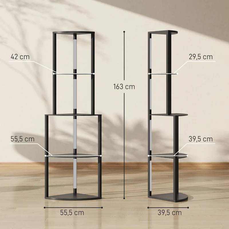 Lampadaire sur pied salon d'angle étagères 4 niveaux 55 x 40 x 163 cm luminosité 3 niveaux cosy design léger en MDF noir 21_0007064