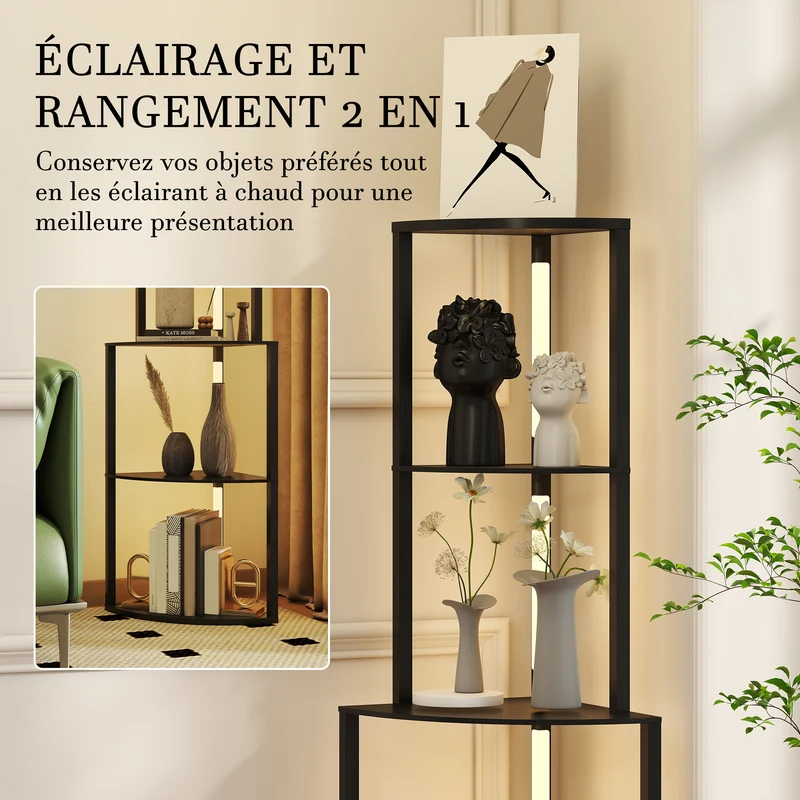 Lampadaire sur pied salon d'angle étagères 4 niveaux 55 x 40 x 163 cm luminosité 3 niveaux cosy design léger en MDF noir 21_0007064