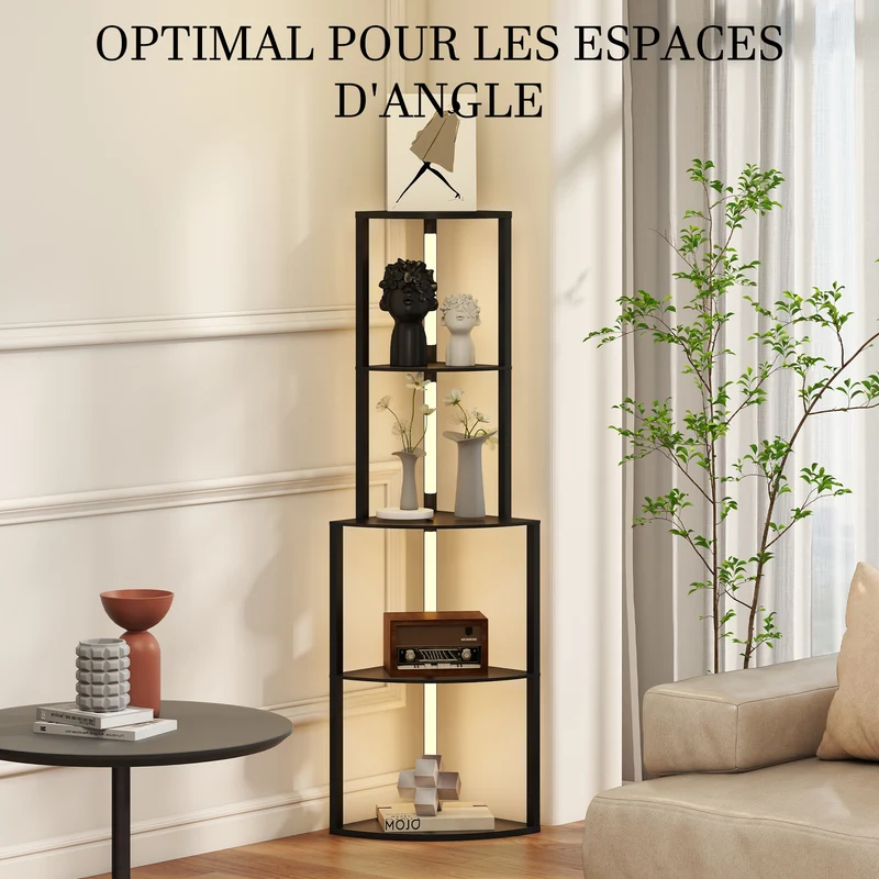 Lampadaire sur pied salon d'angle étagères 4 niveaux 55 x 40 x 163 cm luminosité 3 niveaux cosy design léger en MDF noir 21_0007064